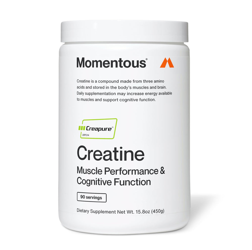 Momentous Creatine Powder bottle close-up highlights purity for workouts.