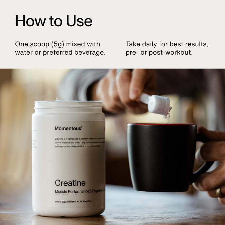 Momentous Creatine Powder close-up label highlights Creapure quality and vegan formulation.