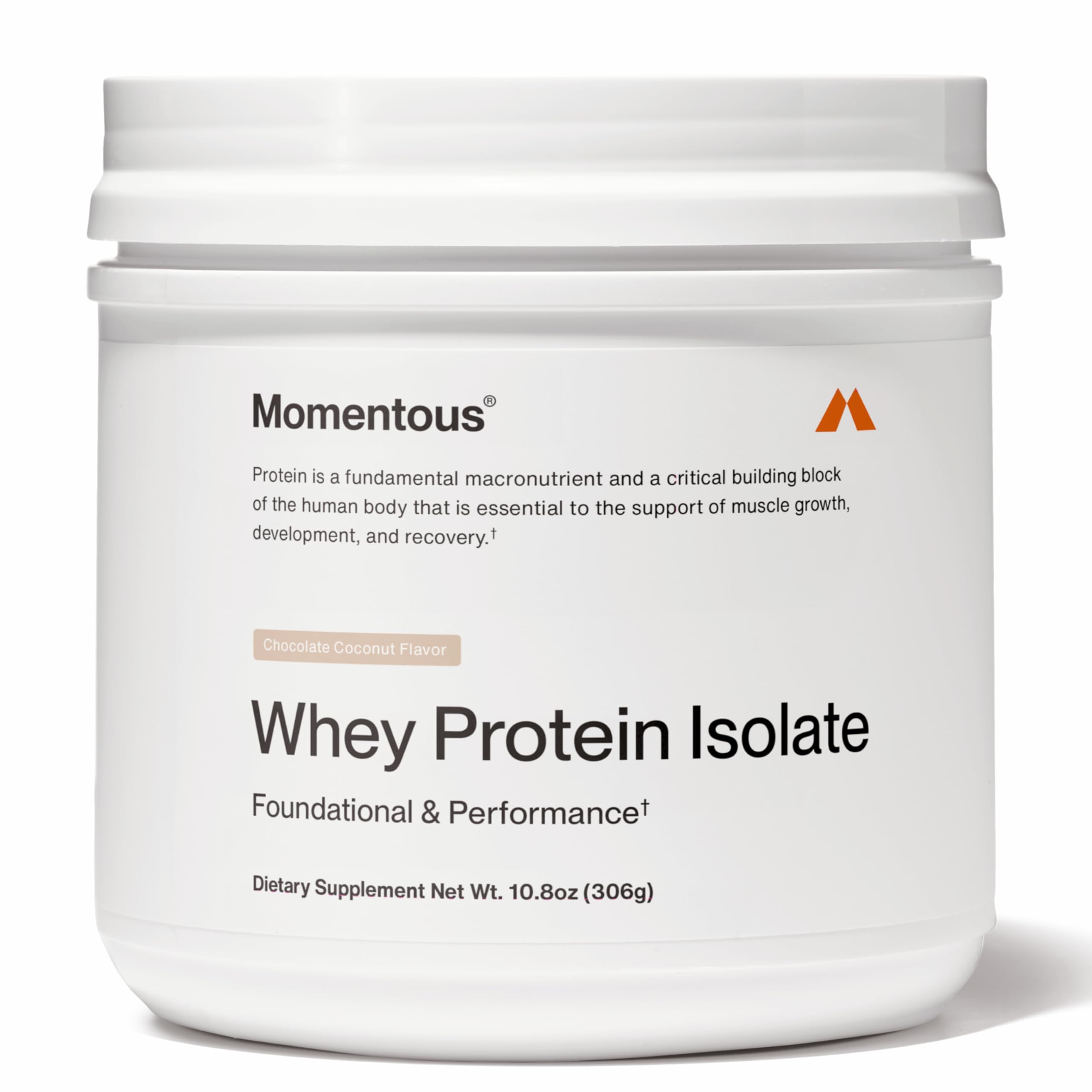 Momentous Essential grass-fed whey powder in chocolate coconut for a tasty protein boost.