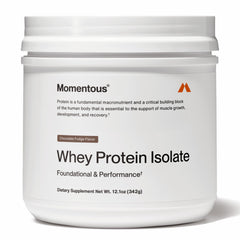 Momentous Essential grass-fed whey chocolate fudge powder for post-workout mix.