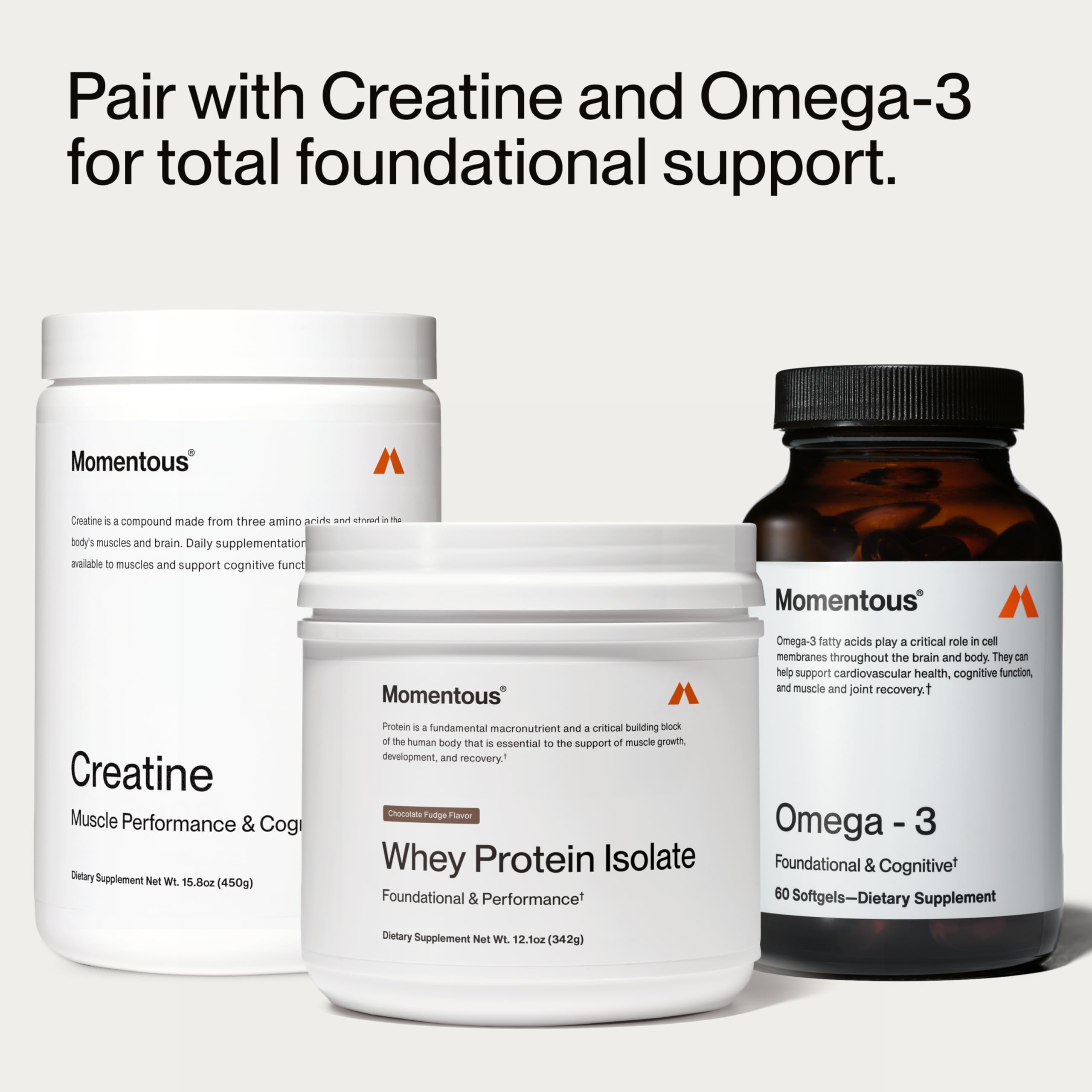 Momentous Essential grass-fed whey protein powder gluten-free label on container.