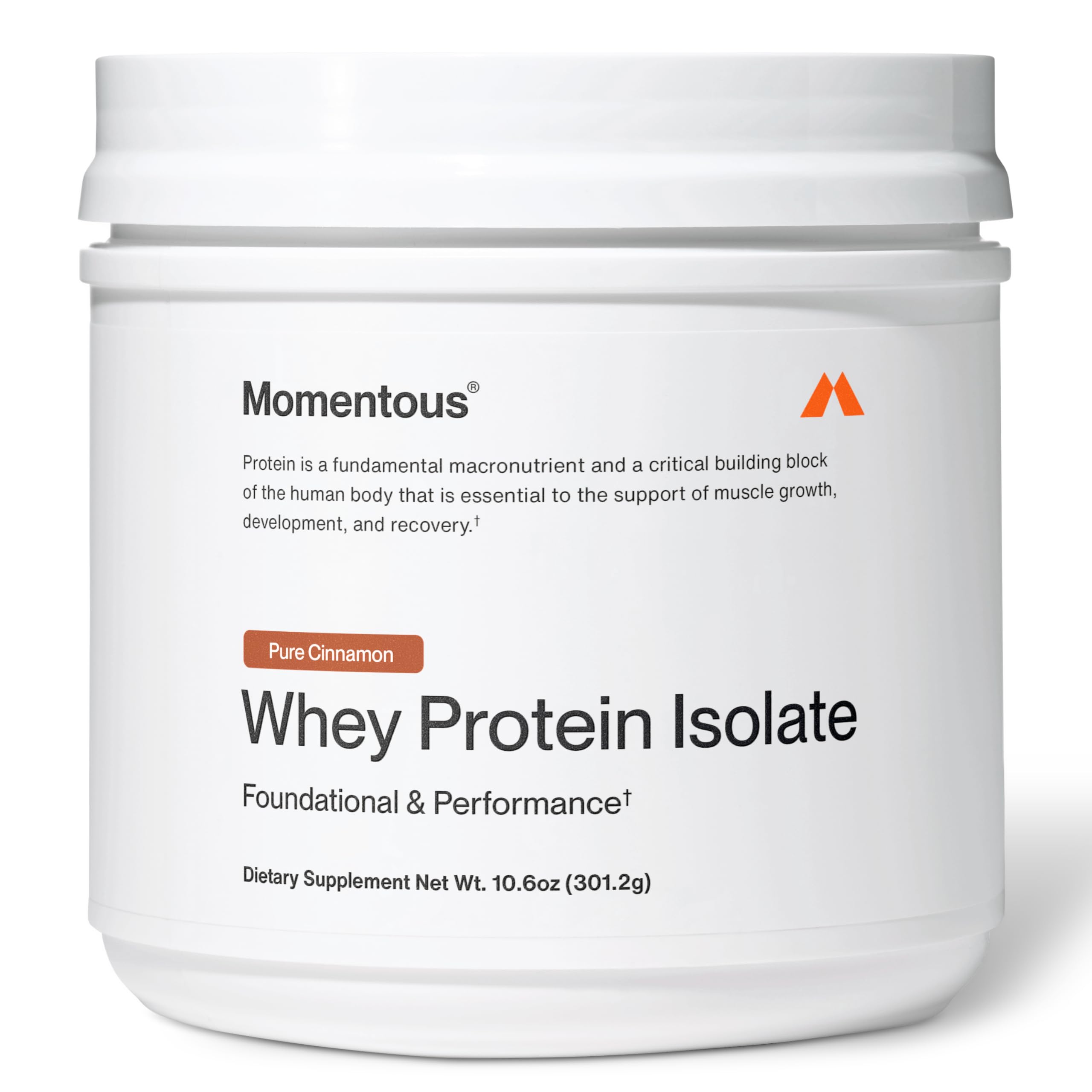 Momentous Essential Grass-Fed Whey tub front – post-workout recovery hint.