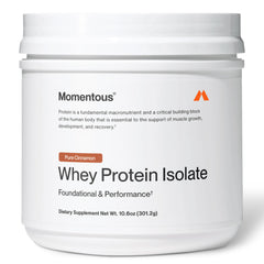 Momentous Essential Grass-Fed Whey tub front – post-workout recovery hint.