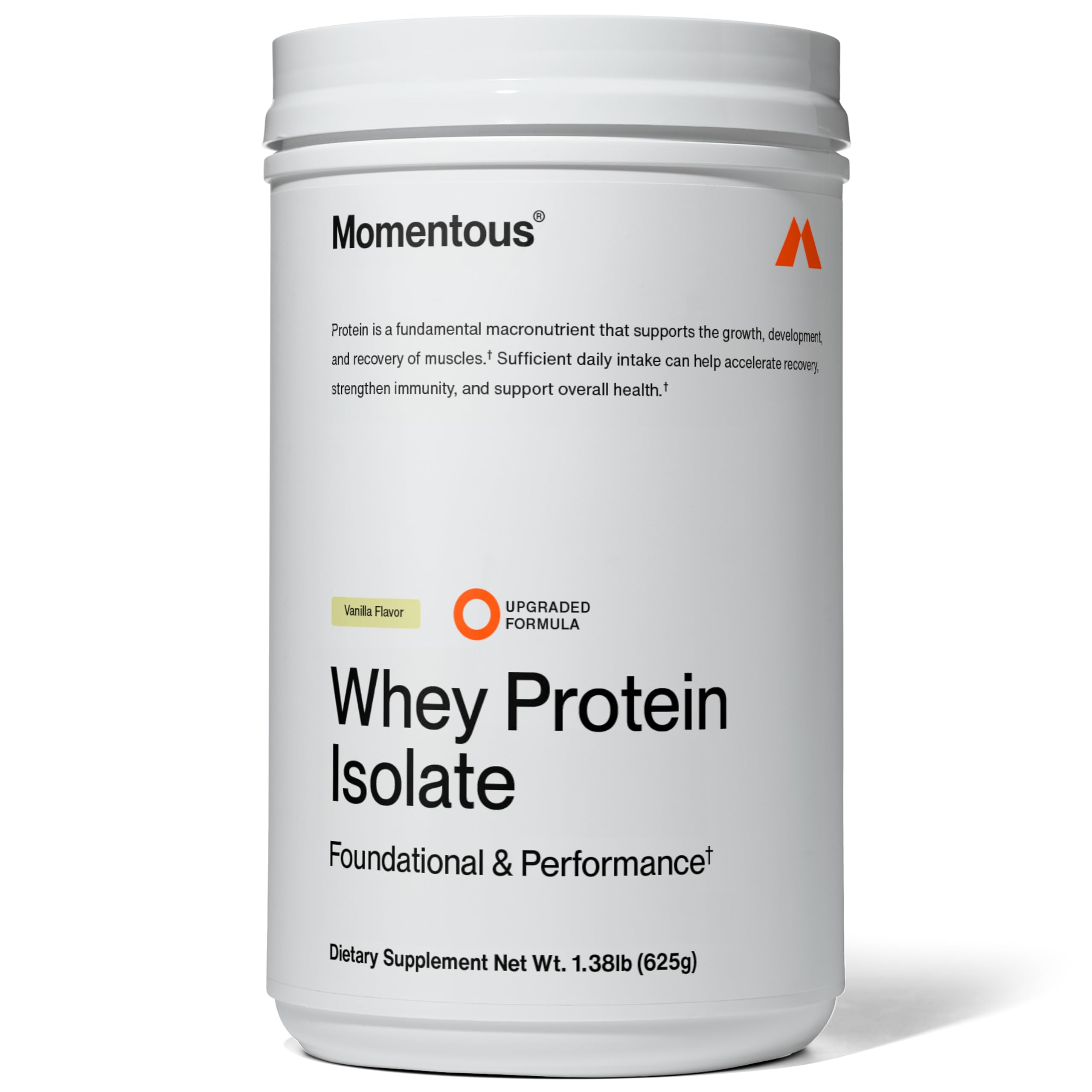 Momentous essential grass-fed whey tub vanilla front view shows premium protein for post-workout recovery.