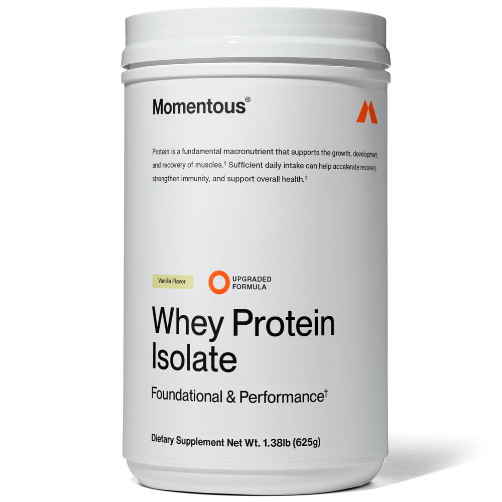 Momentous essential grass-fed whey tub vanilla front view shows premium protein for post-workout recovery.