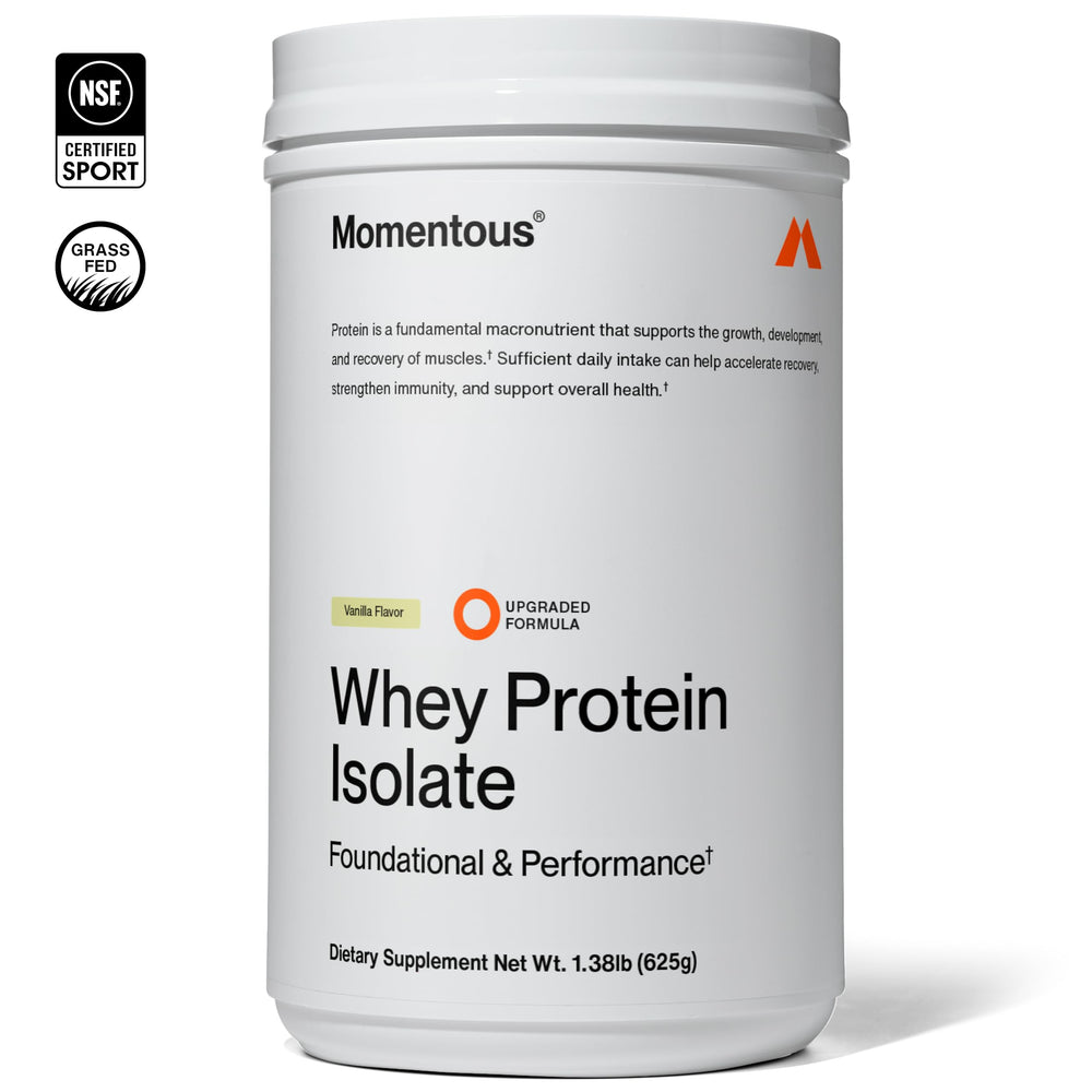 Momentous essential grass-fed whey tub vanilla side view communicates clean, high-quality nutrition for daily fitness.