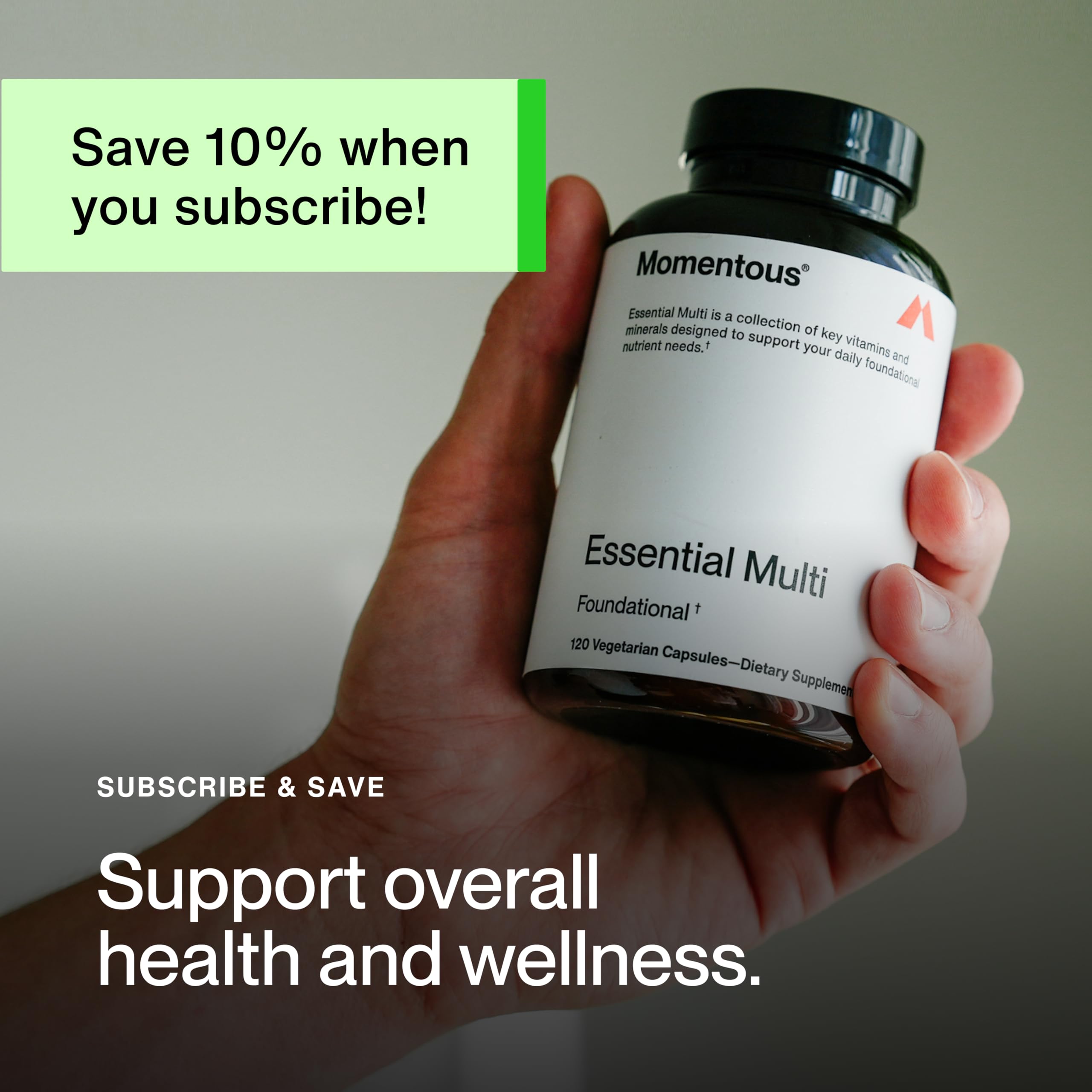 Momentous Essential Multivitamin packaging emphasizes quality and purity.
