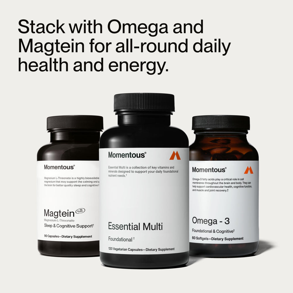 Momentous Essential Multivitamin bottle designed to fit active lifestyles.
