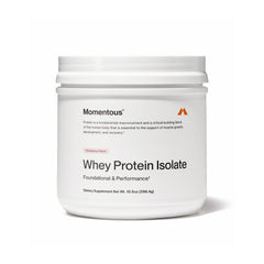 Momentous Essential Whey bag shows powder texture for post-workout fueling.