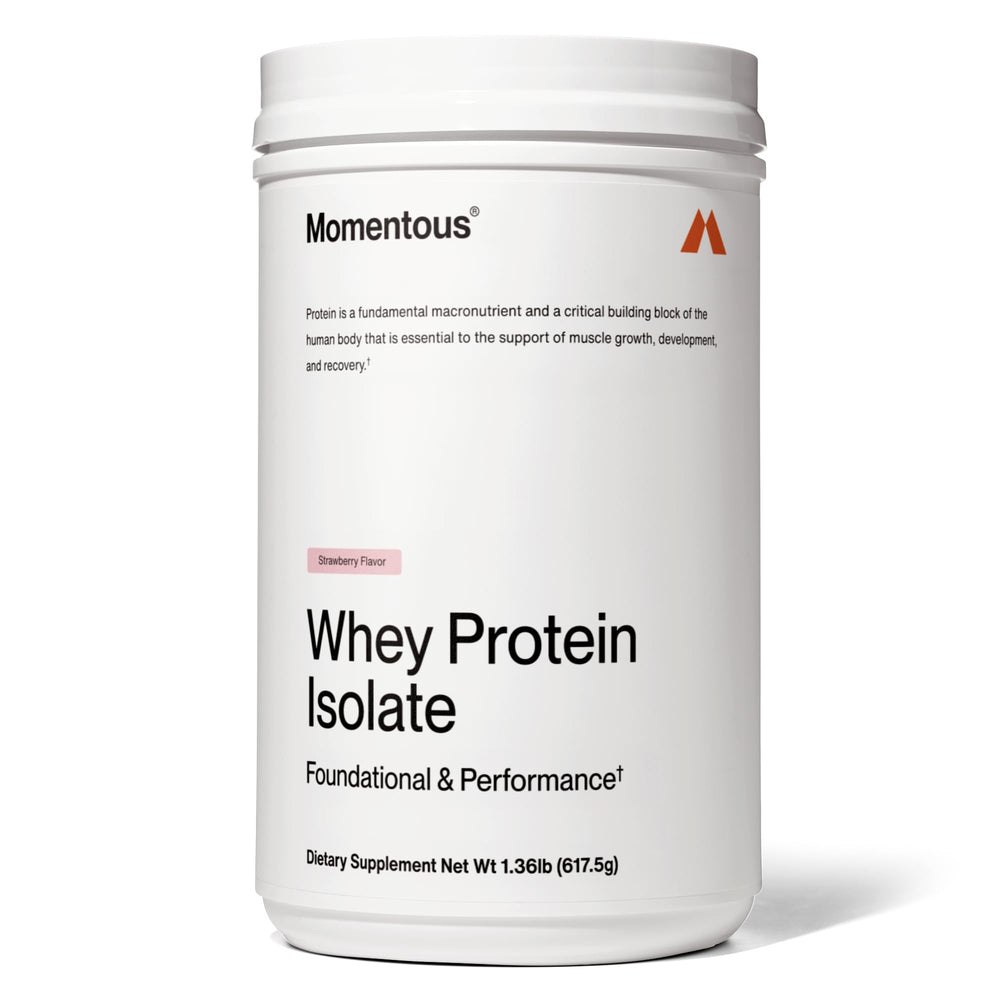 Momentous Essential Whey grass-fed tub pour supports post-workout fueling