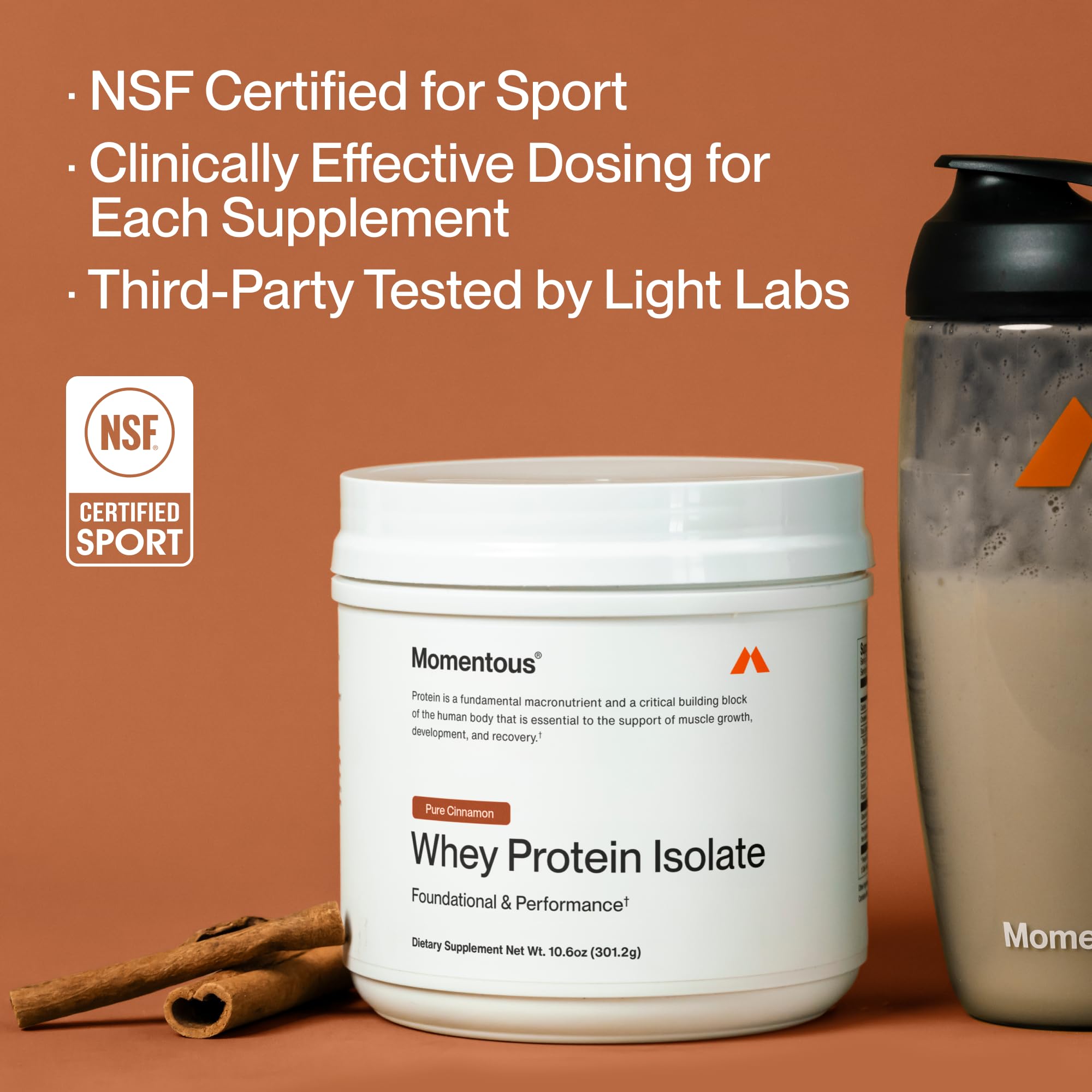 Momentous Essential Whey ingredients panel – grass-fed sourcing and purity notes.
