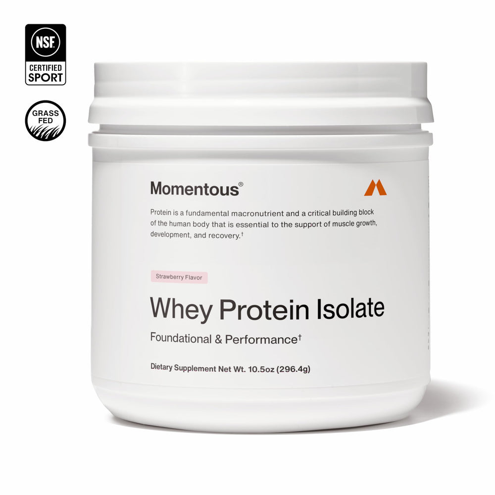 Momentous Essential Whey packaging with NSF Certified for Sport badge.