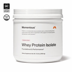 Momentous Essential Whey packaging with NSF Certified for Sport badge.