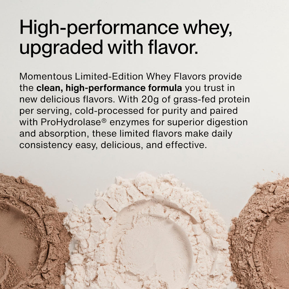 Momentous Essential grass-fed whey shake mint chocolate, creamy flavor for tasty workouts.