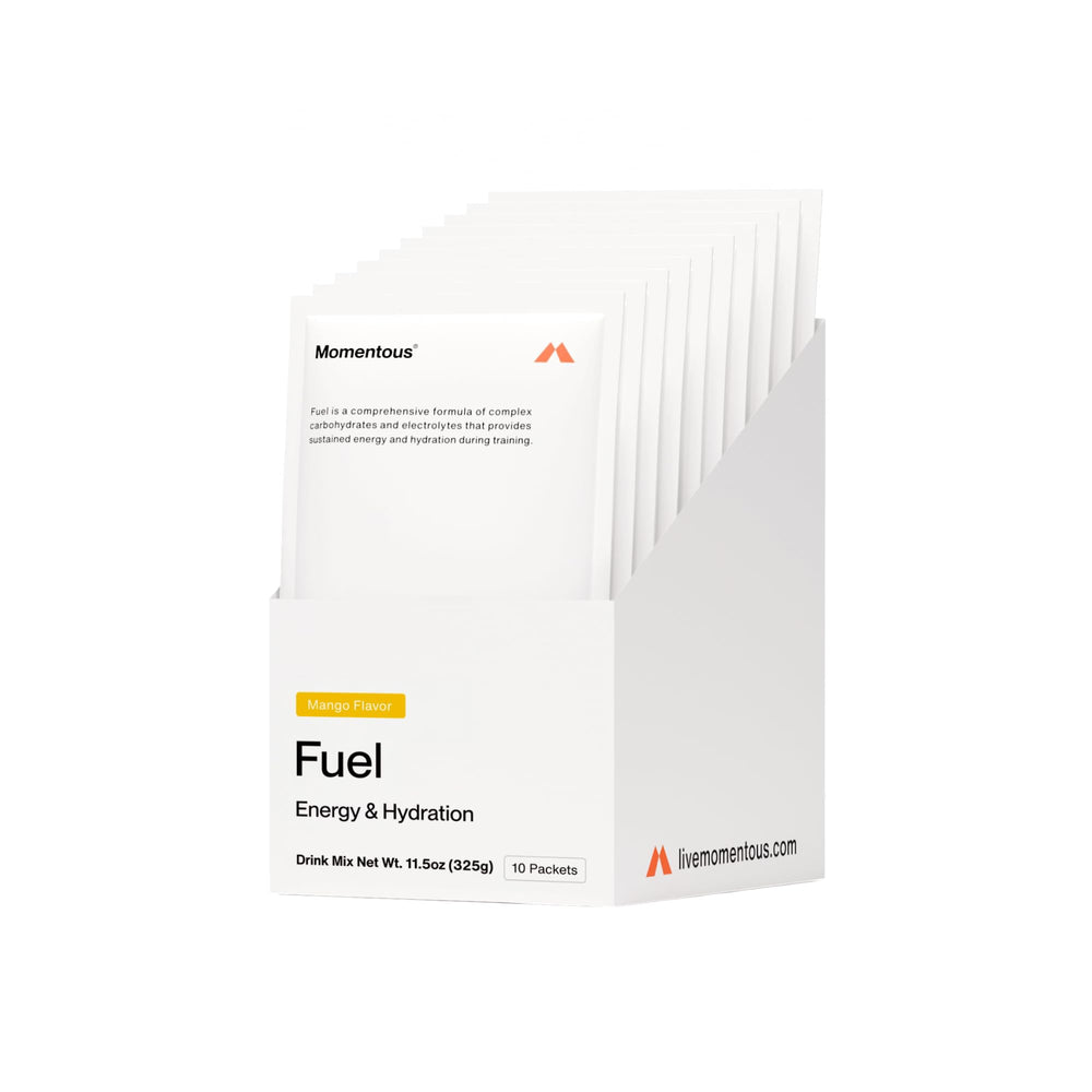 Momentous Fuel Mango powder container shows clean hydration for sustained endurance.