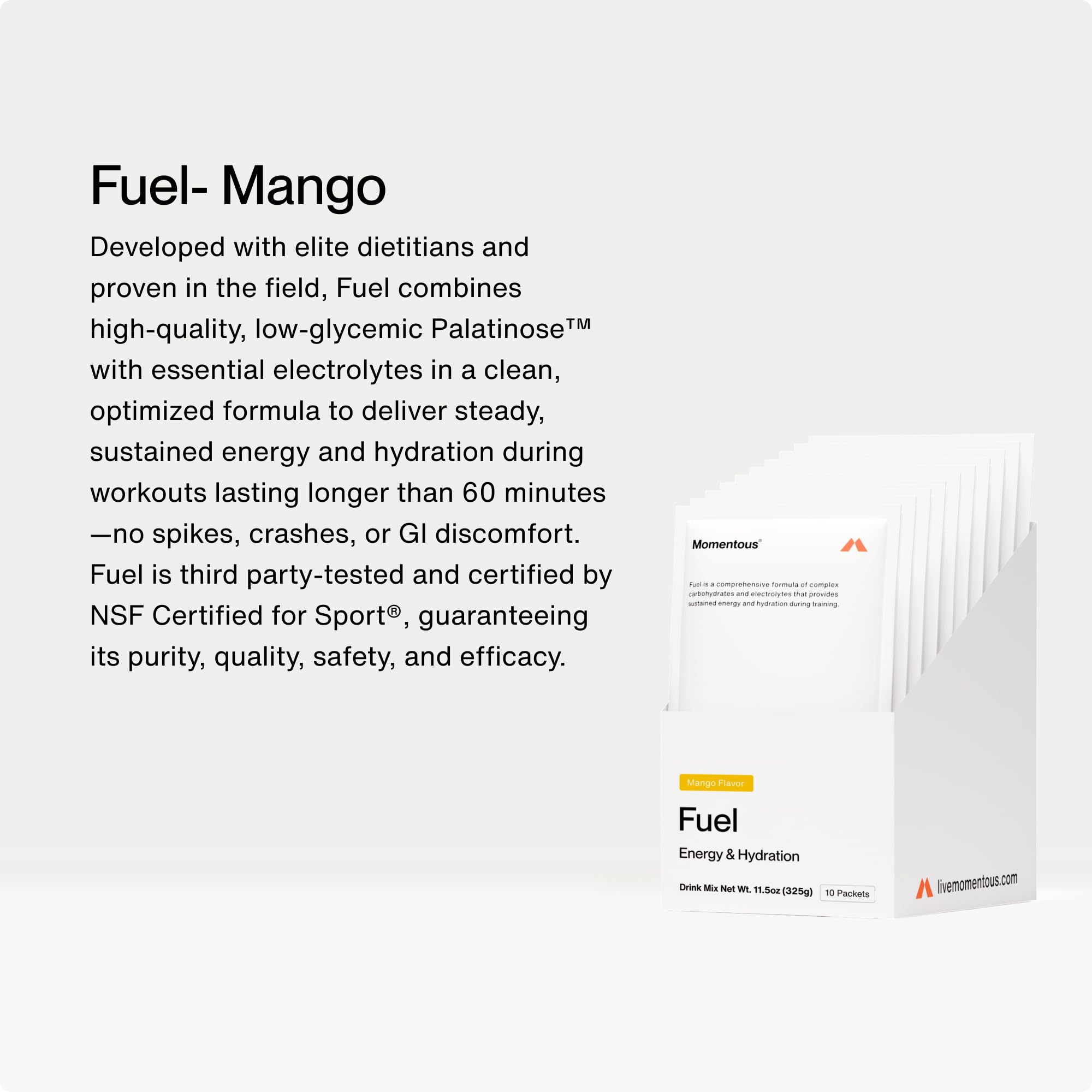 Momentous Fuel Mango scoop illustrates easy serving for quick energy during workouts.