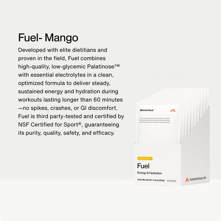 Momentous Fuel Mango scoop illustrates easy serving for quick energy during workouts.