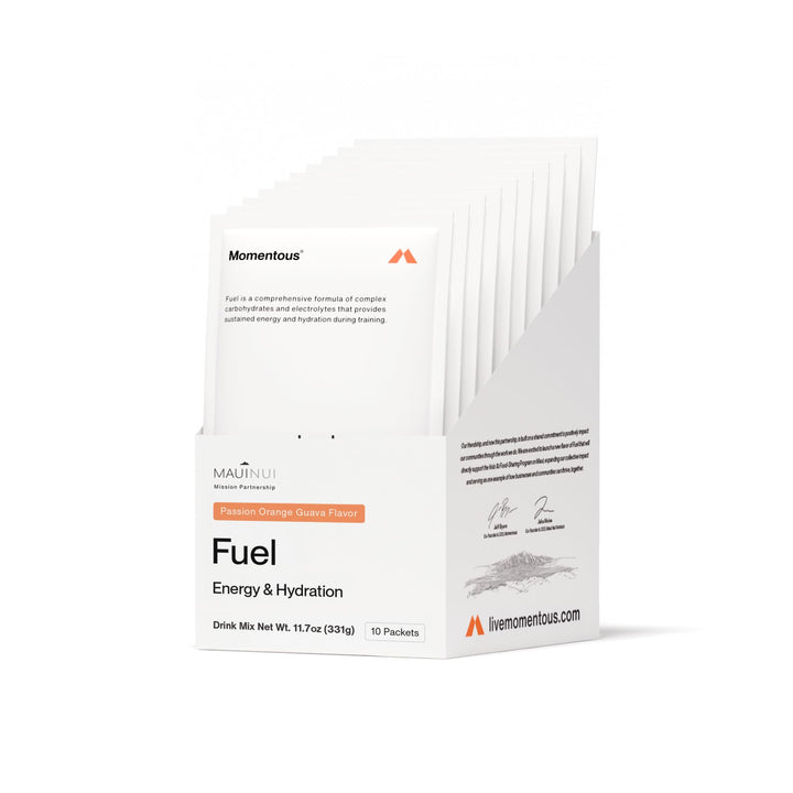 Momentous Fuel powder in tub shows a clean energy-supporting formula for workouts.