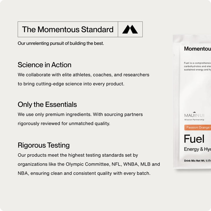 Momentous Fuel ready-to-drink glass demonstrates convenient fueling during intense sessions.