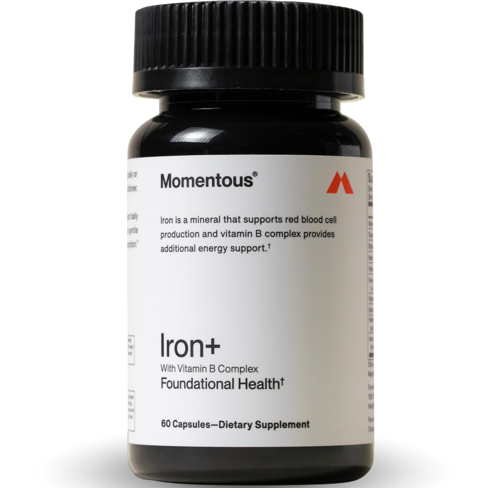 Momentous Iron+ bottle pour showing easy daily supplementation for energy support