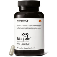 Momentous Magtein bottle front showing a brain-friendly supplement for focus.