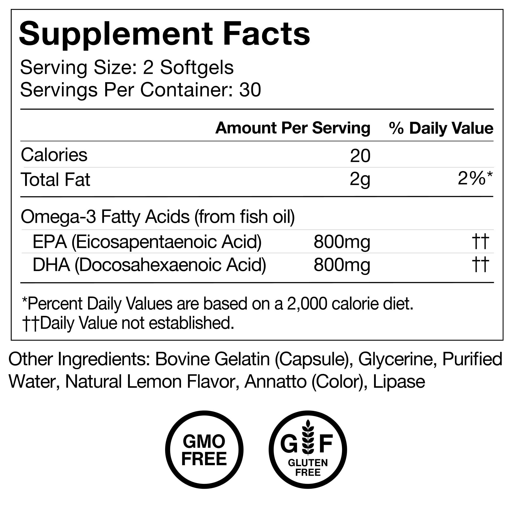 Momentous Omega-3 non-GMO gluten-free badge underscores product purity