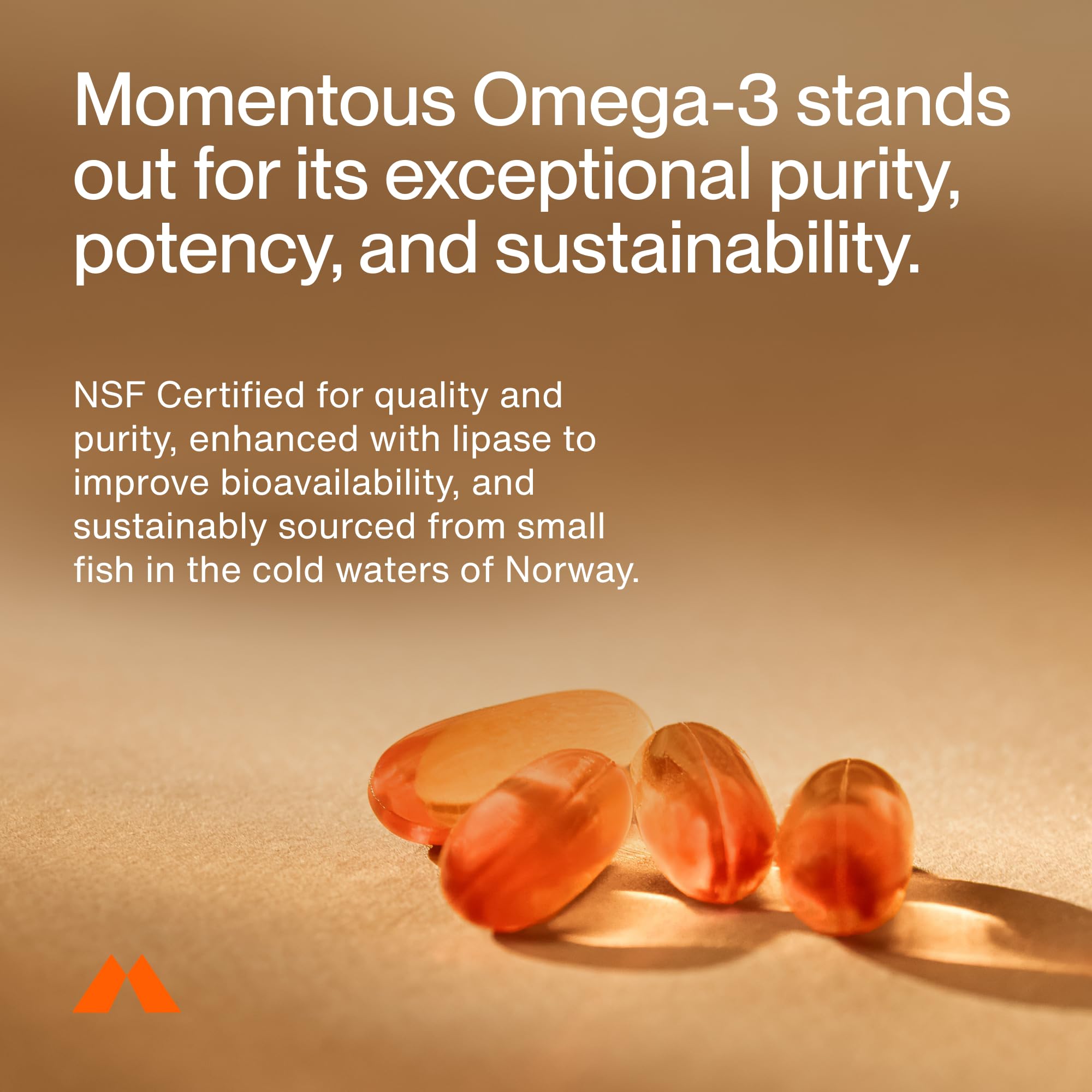Momentous Omega-3 softgels close-up shows smooth capsules and no fishy aftertaste