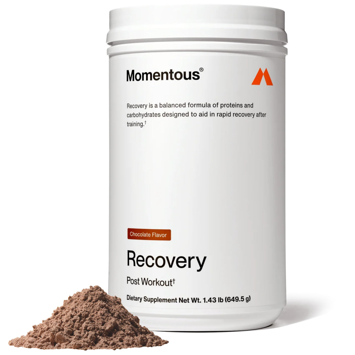 Momentous Recovery chocolate whey tub for post-workout nutrition and protein support