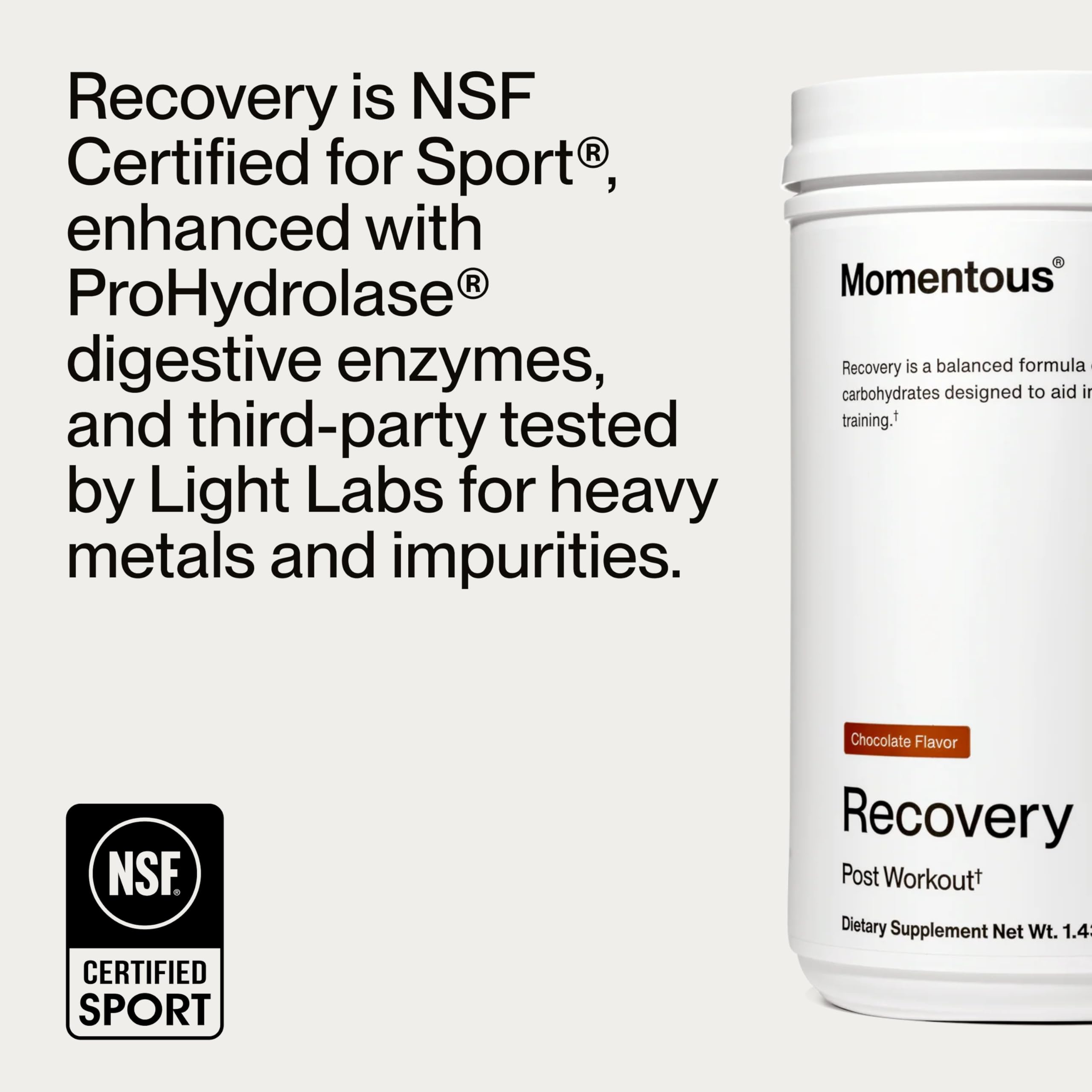 Momentous Recovery NSF-certified stamp indicating sport-grade purity