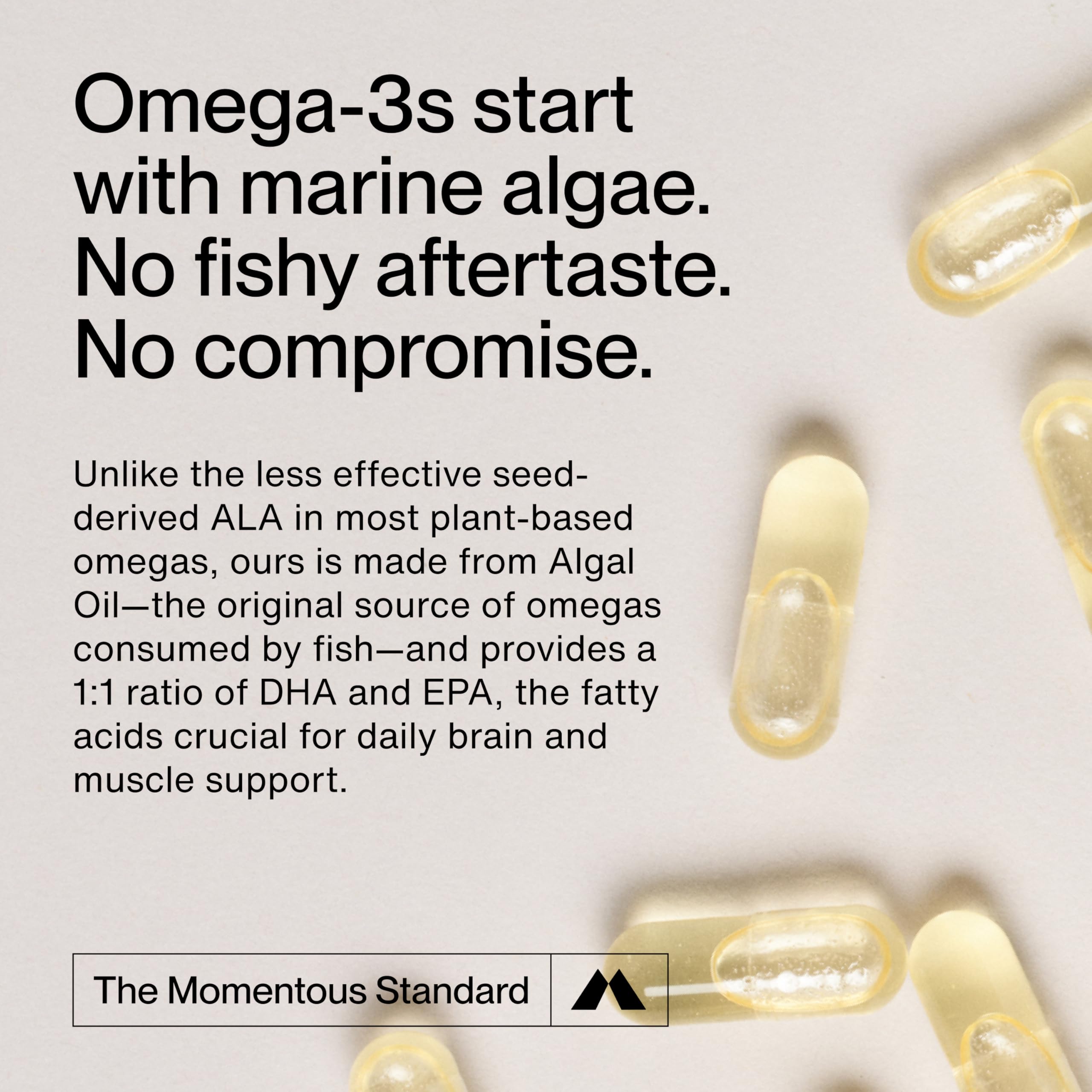 Closeup of Momentous Vegan Omega-3 label showing ingredients and 1,000 mg per serving.