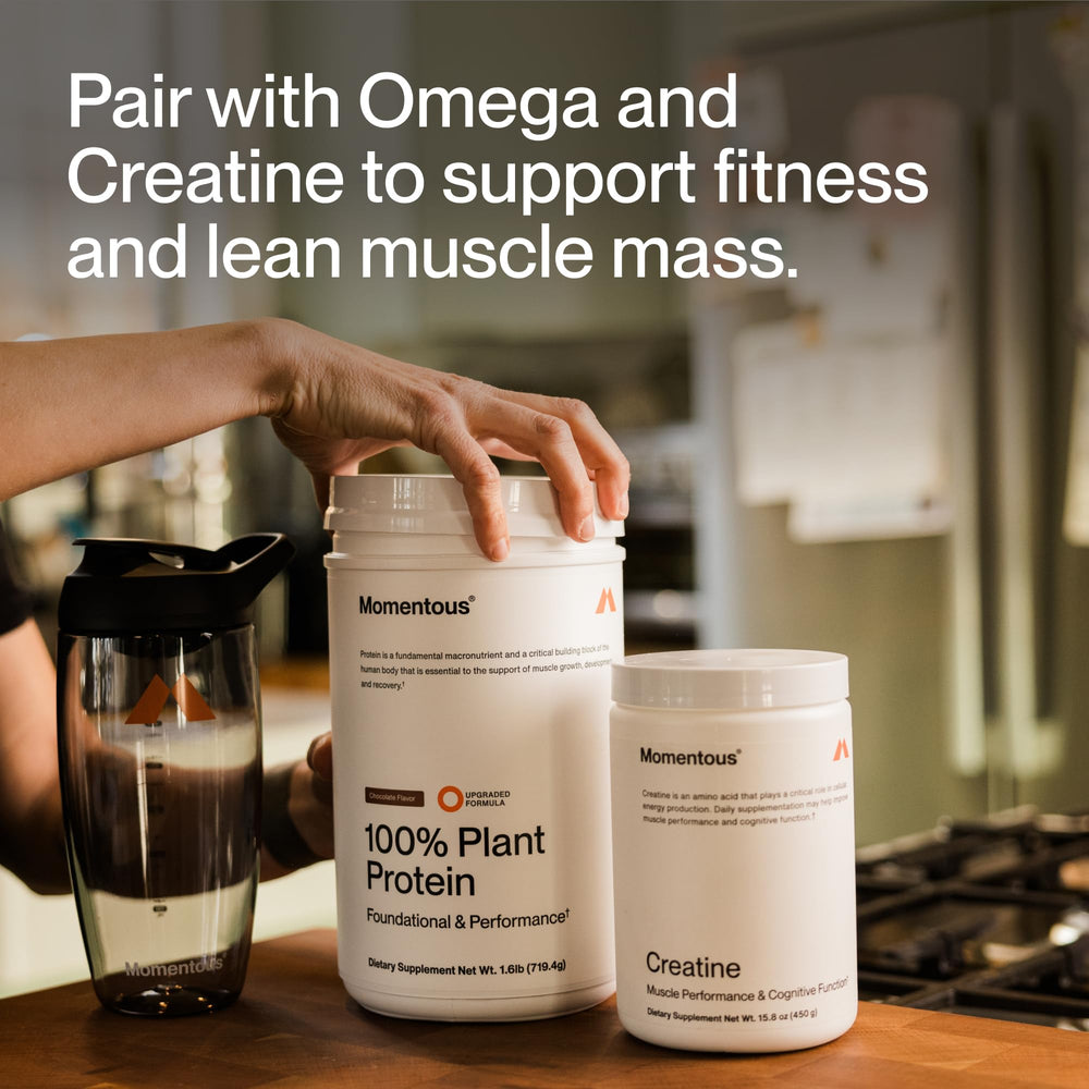 Momentous vegan protein powder chocolate safety/testing seal implying purity