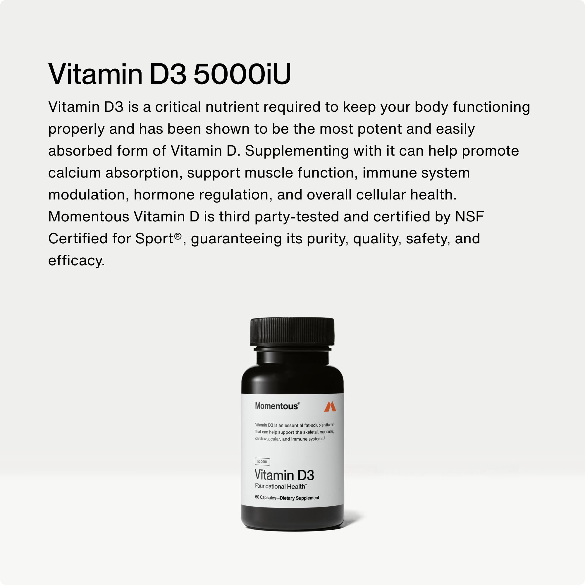 Momentous Vitamin D3 bottle with serving details for 60 servings.