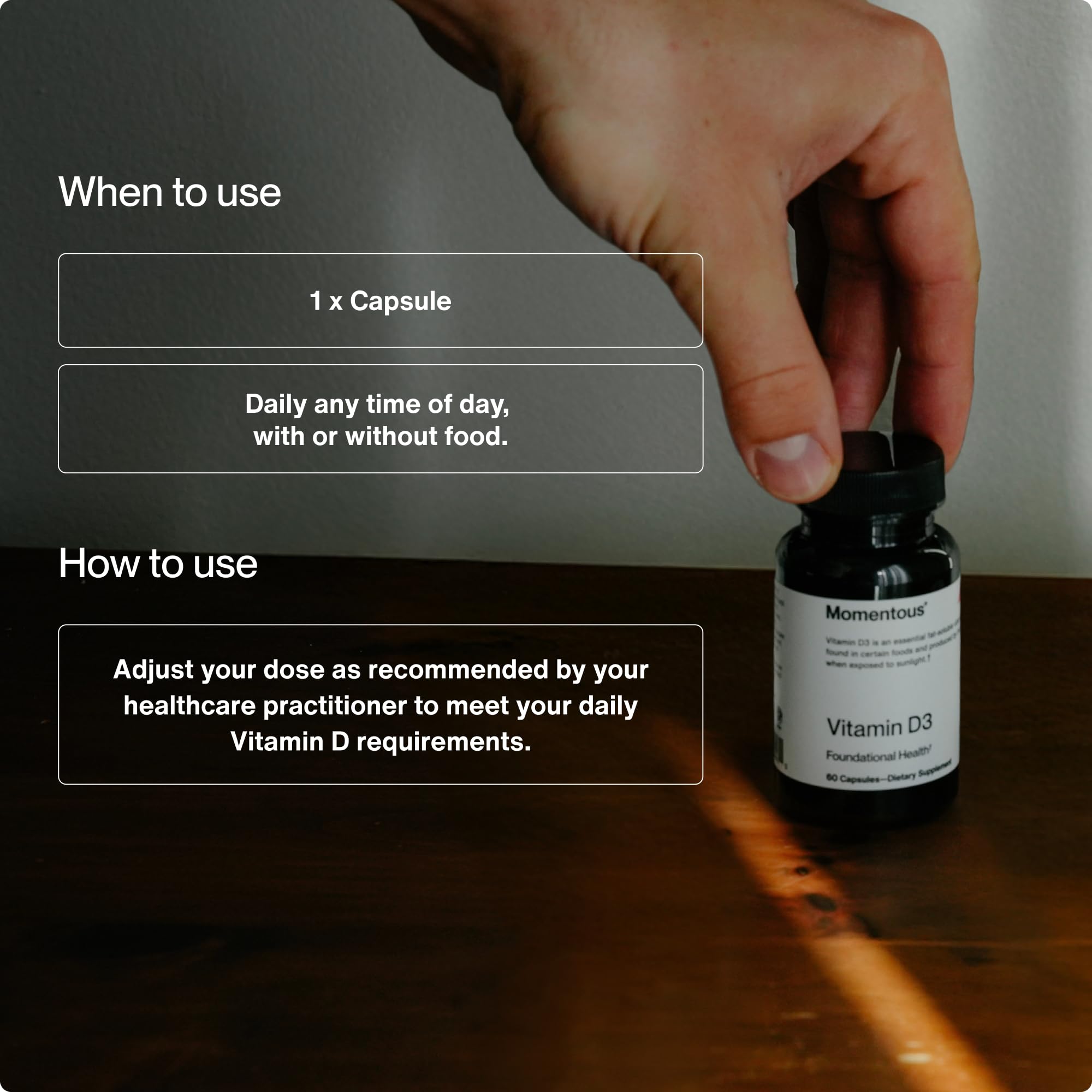 Front of Momentous Vitamin D3 box highlighting 60 servings