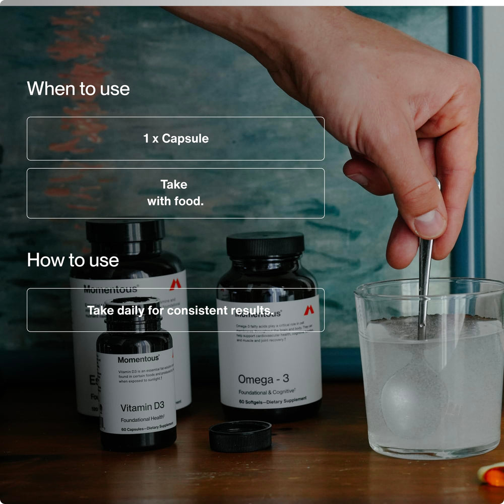 Momentous Vitamin D3 NSF Certified for Sport badge on bottle.