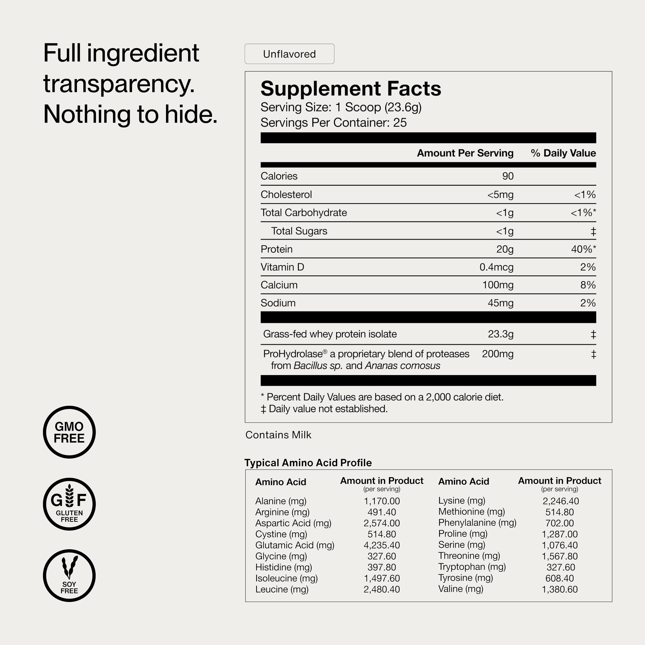 Neutral-flavored Momentous whey powder ideal for smoothies and drinks.