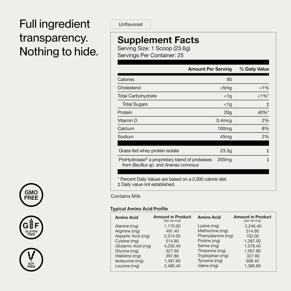 Neutral-flavored Momentous whey powder ideal for smoothies and drinks.