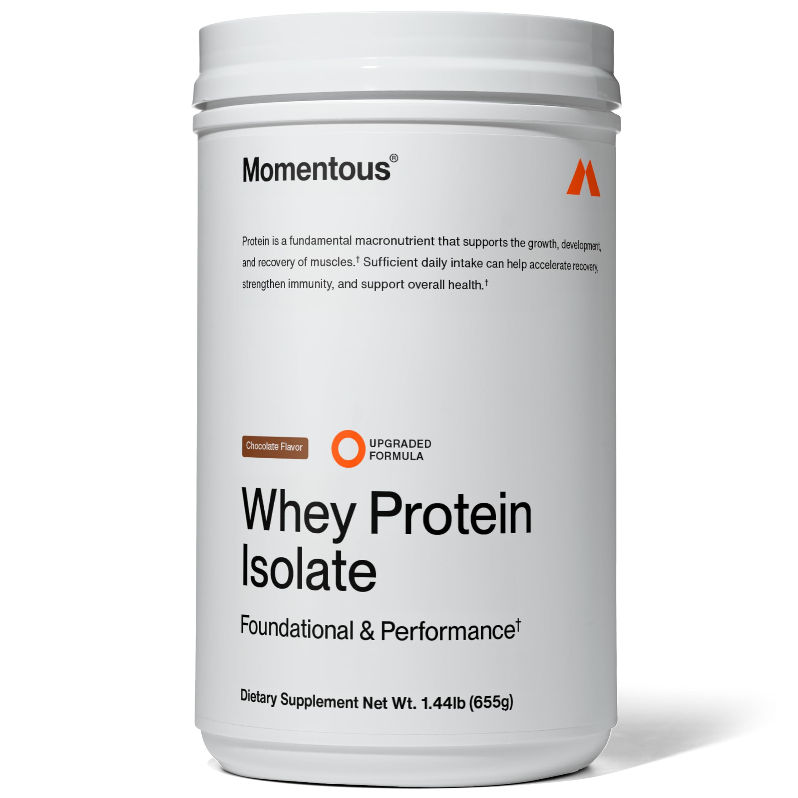 Momentous whey protein chocolate front-tub highlighting NSF-certified quality for trust