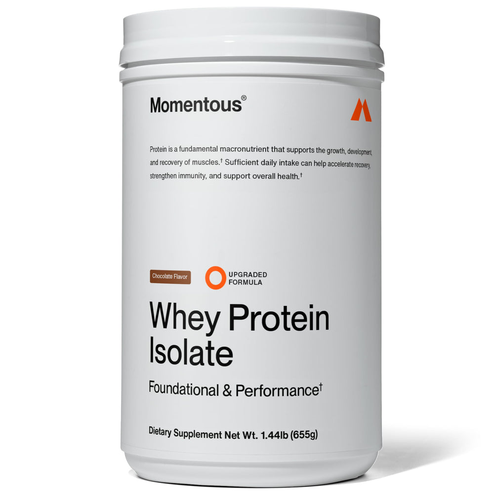 Momentous whey protein chocolate front-tub highlighting NSF-certified quality for trust