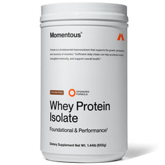 Momentous whey protein chocolate front-tub highlighting NSF-certified quality for trust