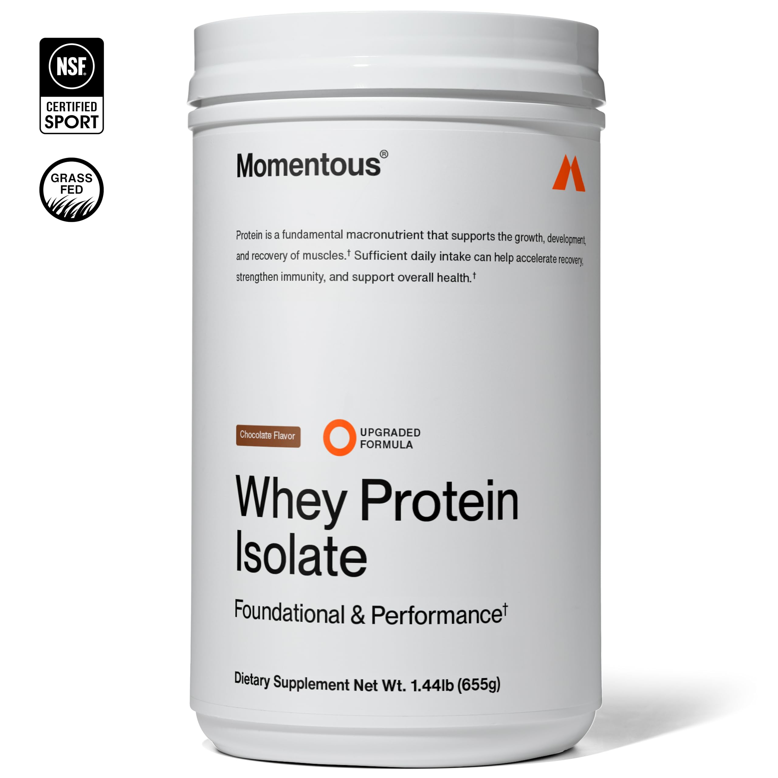 Momentous whey protein chocolate scoop measuring a perfect serving for workouts