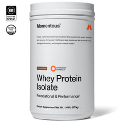 Momentous whey protein chocolate scoop measuring a perfect serving for workouts