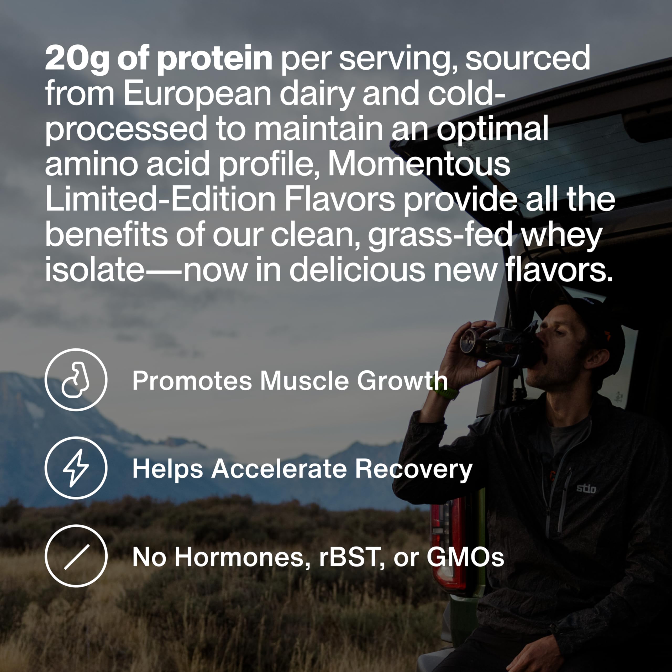 Momentous whey protein isolate spiced chai powder scoop highlights premium protein delivery