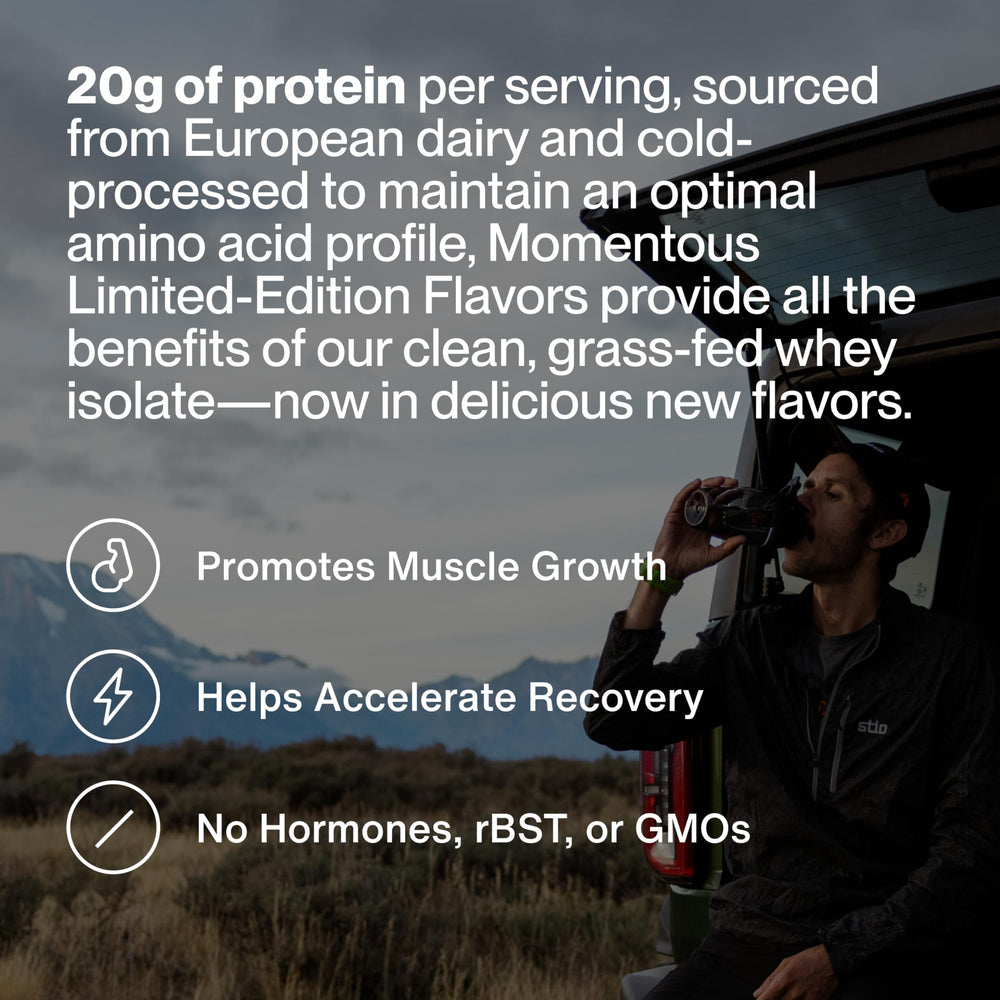 Momentous whey protein scoop showing a 20 g serving for recovery.