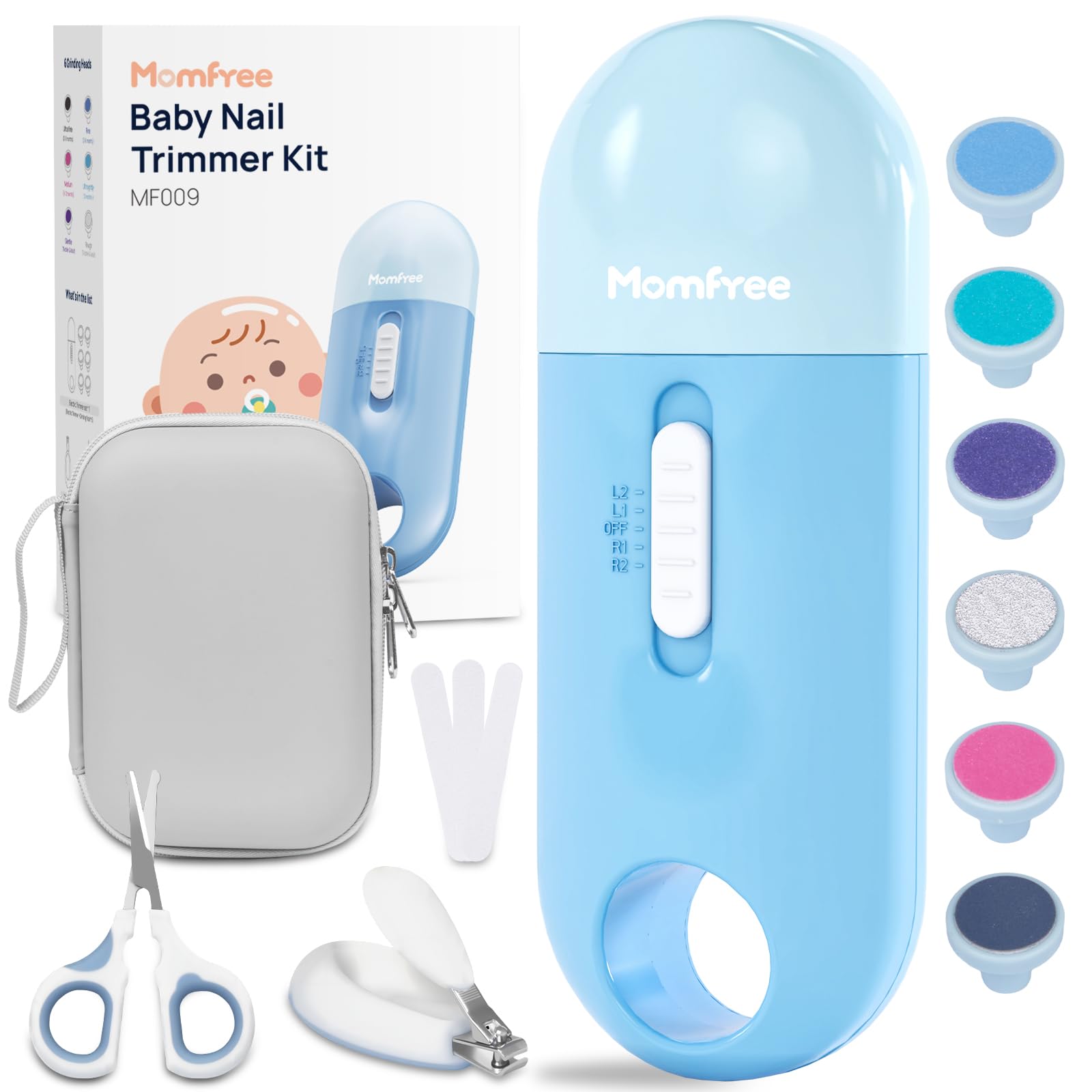 Momfree baby nail kit with storage case for easy on-the-go grooming.