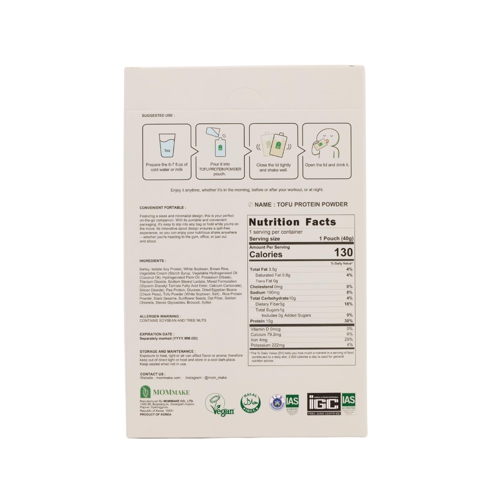 MOMMAKE Tofu Protein Shake bottle pouring for quick plant based meal