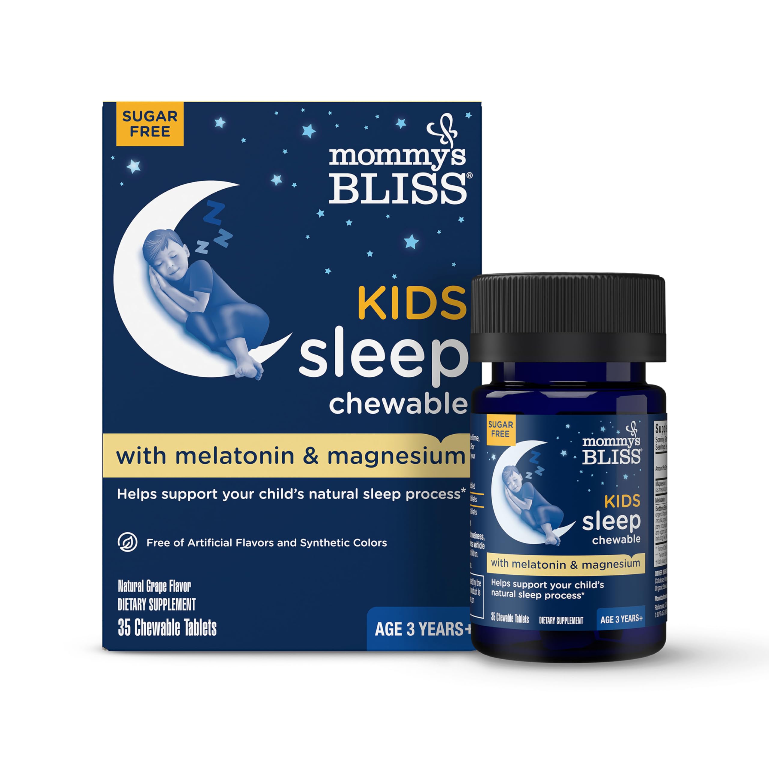 Mommy's Bliss Kids Sleep chewables bottle front shows sugar-free sleep aid for kids