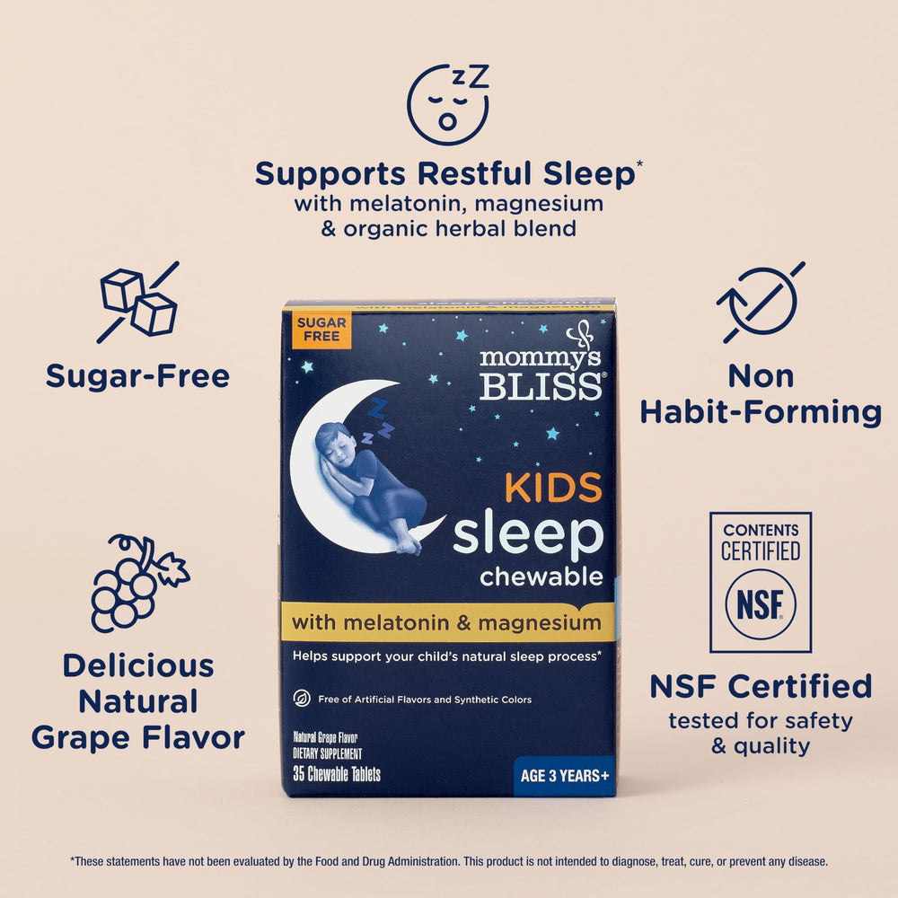 Mommy's Bliss Kids Sleep chewables ingredients panel lists melatonin and calming herbs for restful nights