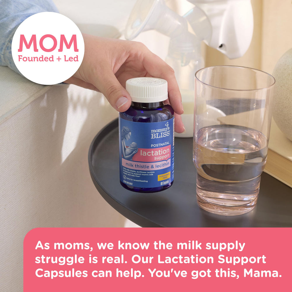 Label featuring milk thistle, shatavari, and lecithin on Mommy's Bliss.