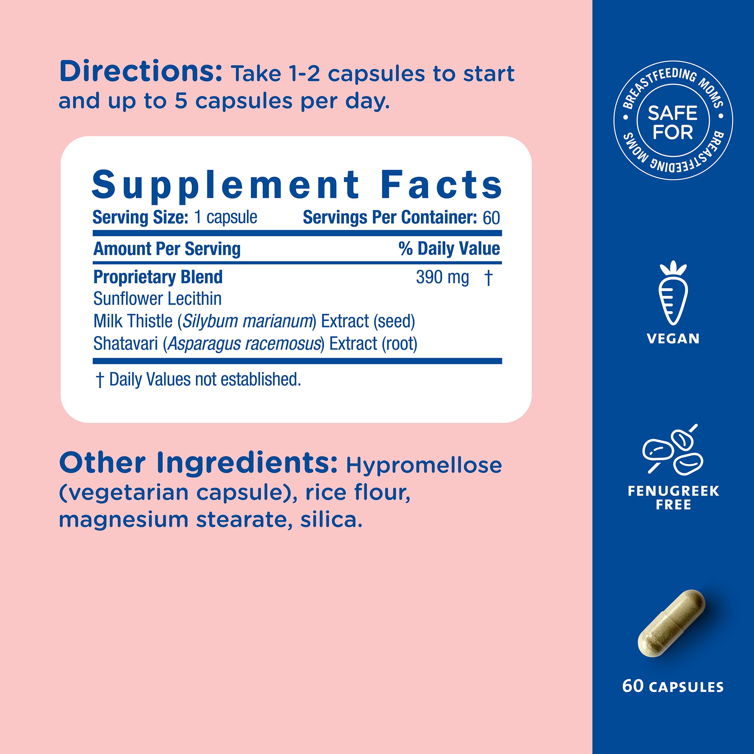 Packaging emphasizes fenugreek-free formula and dairy-free ingredients.