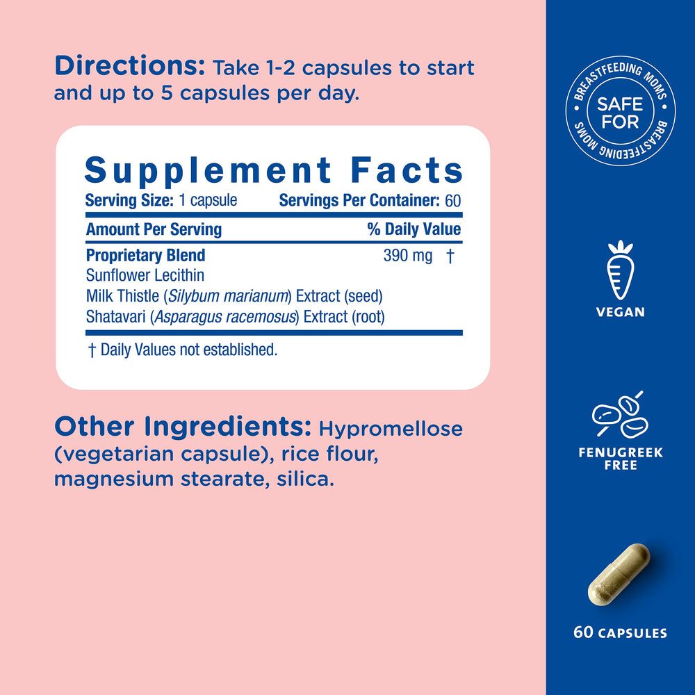 Packaging emphasizes fenugreek-free formula and dairy-free ingredients.